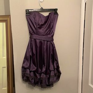 Slate gray cocktail dress. Strapless tie detail